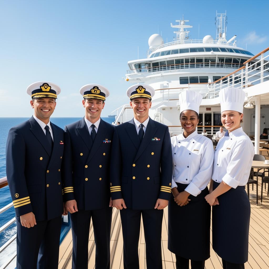 Maritime crew members in uniform on a cruise ship deck