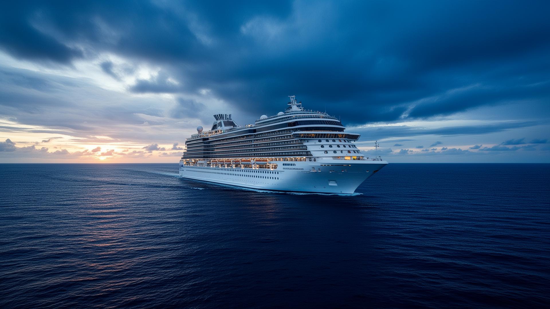 Cruise ship sailing on the open ocean at dawn
